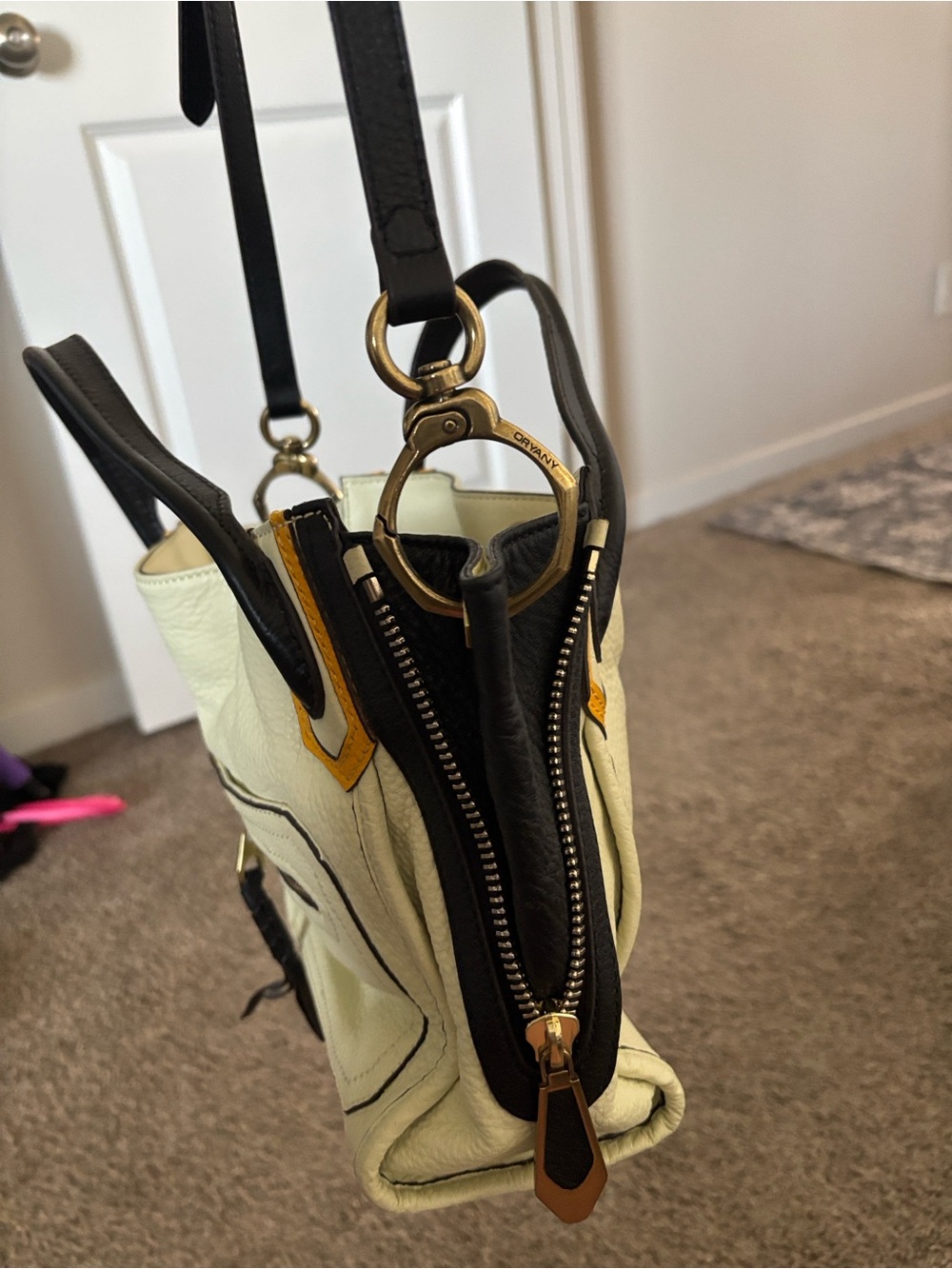Oryani Leather Crossbody Satchel Bag in Cream and Black with Yellow Accents - Picture 4 of 5